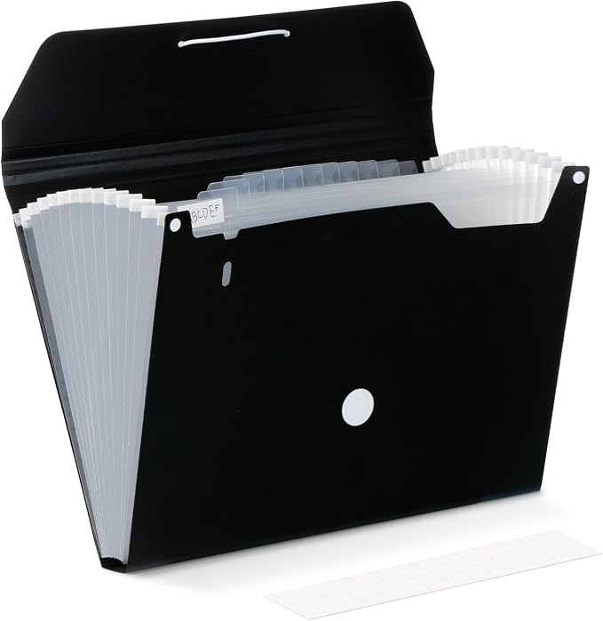 Comix Accordion File Organizer, 13 Pocket, Black | Expanding File Folder, A4/Letter Size Documents, Includes Labels, For Office, Home, School