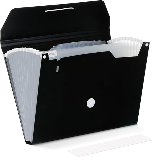 Comix Accordion File Organizer, 13 Pocket, Black | Expanding File Folder, A4/Letter Size Documents, Includes Labels, For Office, Home, School