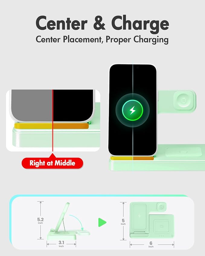 GETPALS Wireless Charger iPhone Charging Station for Apple Multiple Devices | 3 in 1 Charger Stand for iPhone 17 Pro Max 17e 16 16e 15 14 13 12 & Watch Series 11-2 SE Ultra & Airpods 4 3 Pro, Light Green