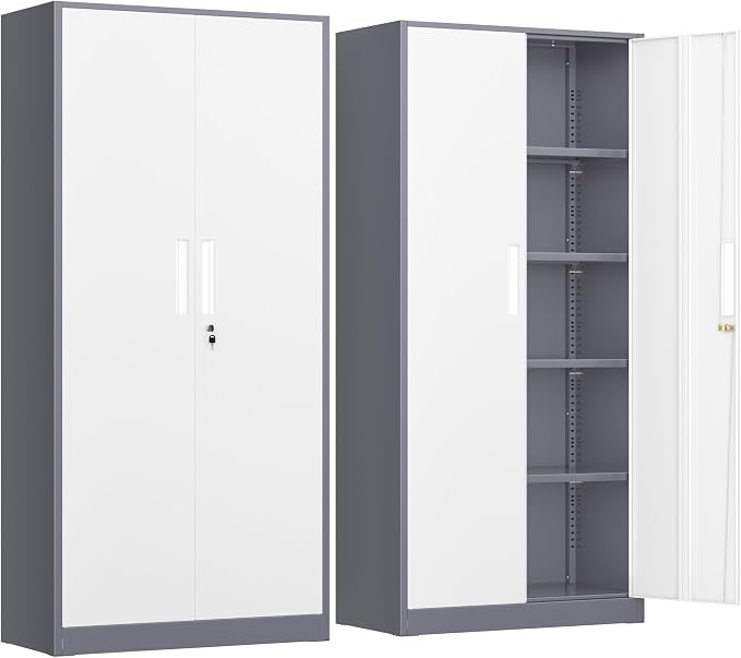 Metal Storage Cabinet, 72” H Storage Cabinet with Doors and Adjustable Shelves for Office, Home, Garage, Pantry (Assembly Required, Grey White)
