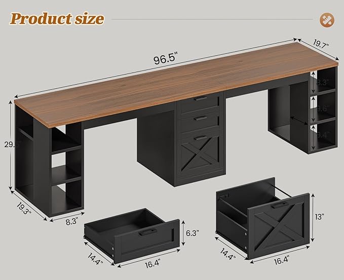 SEDETA Farmhouse 96.5" Office Desk with Drawers, 2 Person Gaming Desk with Storage, Double Computer Desk with Storage Drawers, Long Two Person Writing Desk, Black