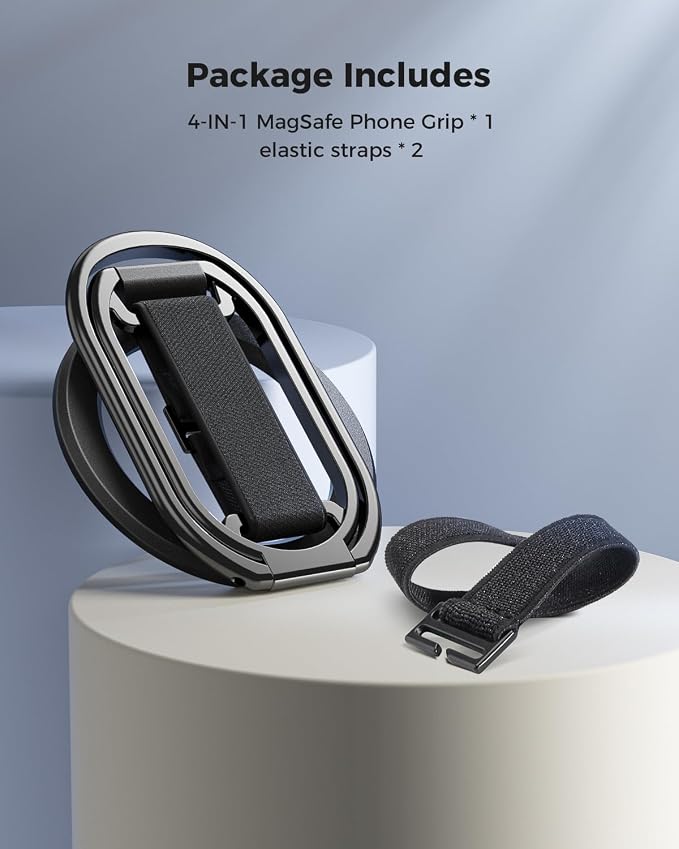 SUPERONE for MagSafe Phone Grip Kickstand, Magnetic Phone Ring Holder | 4-in-1 for MagSafe Phone Ring Stand with Finger-Loop Strap, Mag Safe Accessories Compatible with iPhone 17-12 series - Black