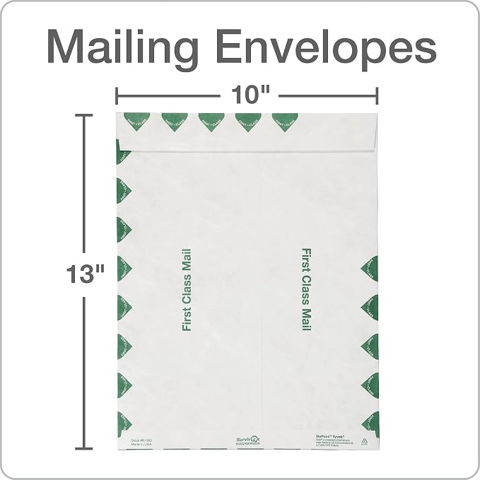 Quality Park R1590 Survivor Tyvek USPS First Class Mailer, 10 x 13, White, Pack of 500