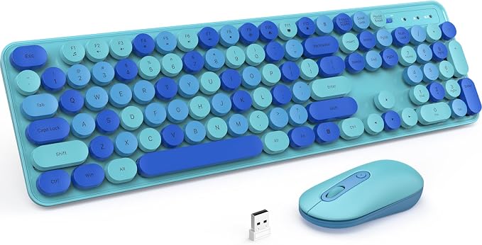 Wireless Keyboard and Mouse, Full-Sized Typewriter Keyboard Silent, Blue | USB Full-Sized Quiet Keyboard, Cute Colorful Round Keycaps, Plug & Play, Compatible with PC, Computer, Laptop