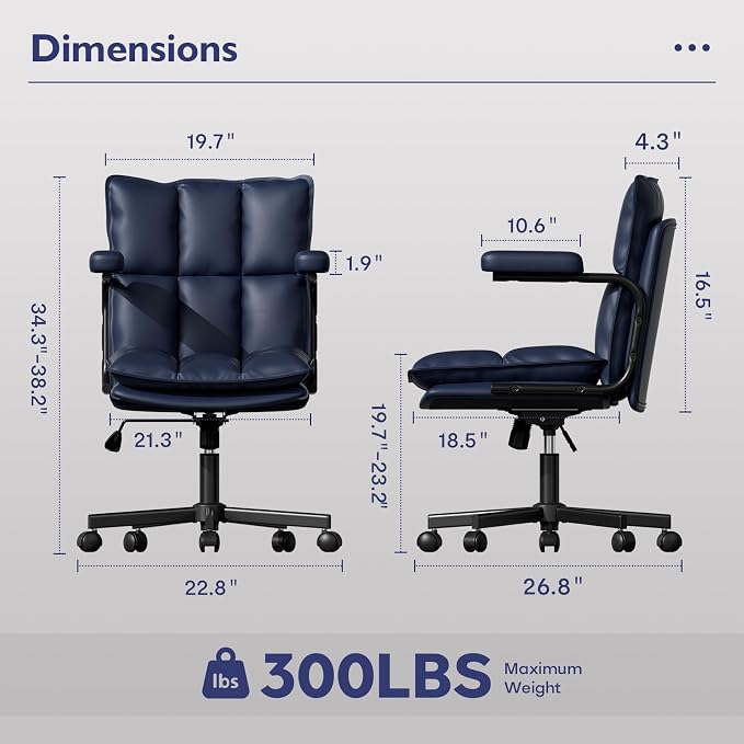 Mid Century Modern Desk Chair, Vintage Leather Office Chair, Blue | Petite Computer Chair for Small to Medium Women, Thickened Back, Cozy Seat, Adjustable Height for Home