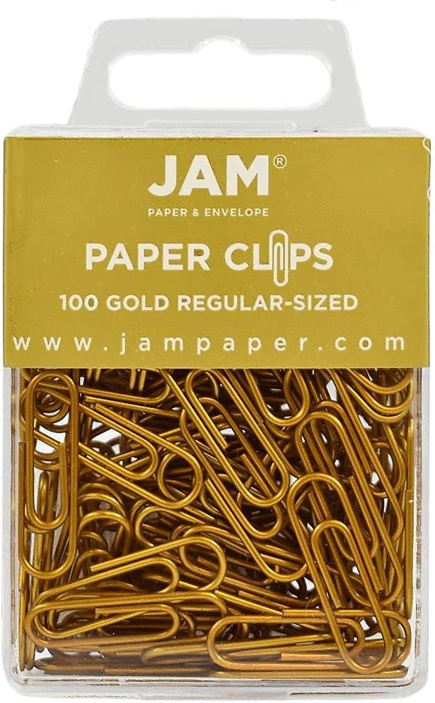JAM PAPER Colored Standard Paper Clips - Regular 1 Inch - Gold Paperclips - 100/pack