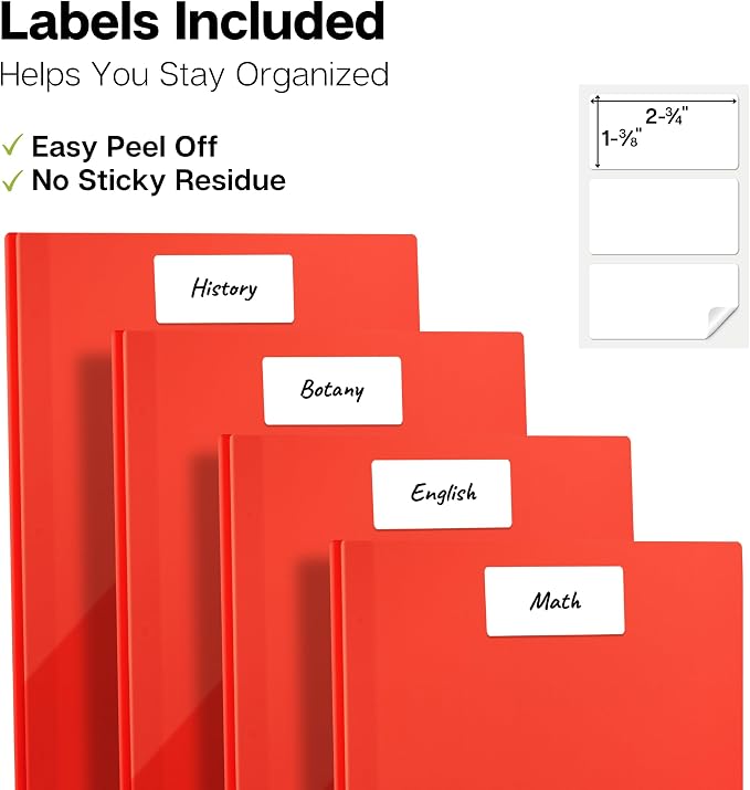 Dunwell Plastic 2-Pocket Folders with 3 Prongs, (24 Pack, Red), Durable Acid-Free Poly is Cleanable, Tear Resistant, 3-Clasp Document Holder, Labels Included