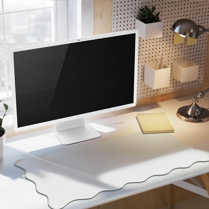 Hahafelt Scalloped Desk Mat Waterproof,White,31.5 X 15.8 Inches | Coquette Preppy Style for School Office Makeup Vanity, Nonslip Gaming Desktop Protector with Scalloped Stitched Edge Mat