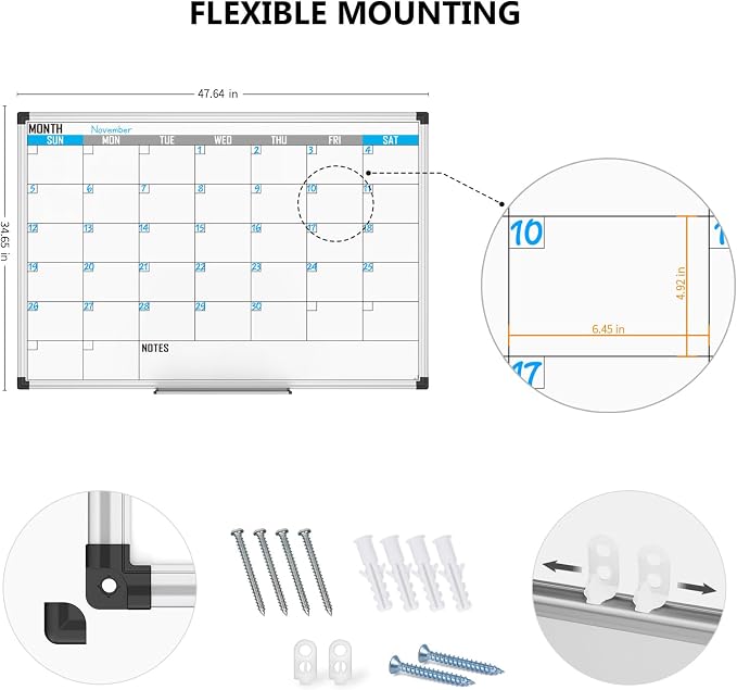 XBoard Magnetic Calendar Whiteboard 48" x 36", Monthly Calendar Dry Erase Board, Silver Aluminium Framed Planning Board for Home Office School