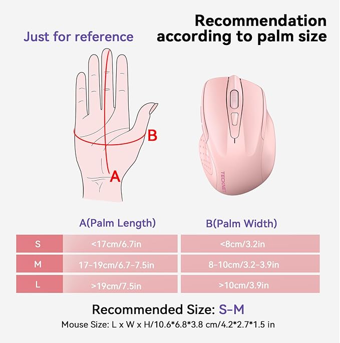 TECKNET Wireless Mouse, BT 5.0/2.4G, Silent 4800 DPI 6 Buttons, Pink | Bluetooth 5.0/3.0 & USB A, 2-Device Easy Switch, Wide OS Compatible, 6-DPI, Ergonomic for S/M Hands, Extended Battery