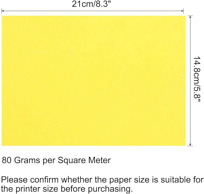MECCANIXITY 100 Sheets Colored Copy Paper 8.3 x 5.8 Inch Printer Paper 80gsm Bright Yellow for Office Printing, Document Copying, Invitations, Forms, Art Projects