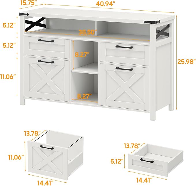 Halitaa File Cabinet with Open Storage Shelf for Home Office, White | Farmhouse, Lateral Filing Organization Storage Cabinets, 4 Drawers, Adjustable Shelf, Hanging Files Letter/A4