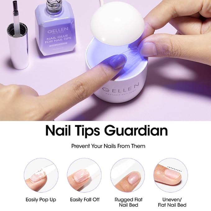 Gellen 2 Pcs Gel Nail Glue for Nail Tips, 4 in 1 UV Extension Glue for Acrylic Tips & Clear Press on Nails & False Nails, Base Gel, Rhinestone, U V Led Lamp Needed