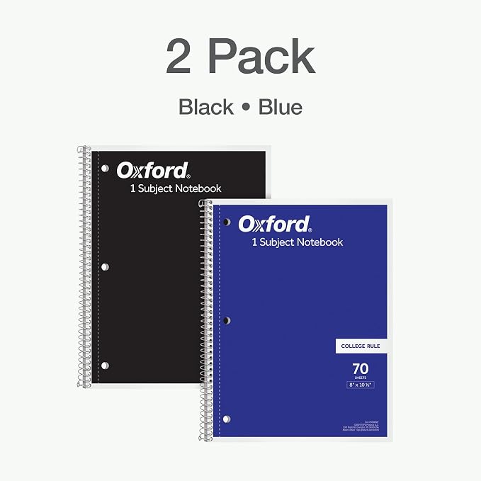 Oxford Spiral Notebooks, 1 Subject, College Ruled Notebooks for School, 8 x 10.5 Inches, 70 Sheets, Assorted Colors, Back to School Supplies (1002522), 2 Count (Pack of 12)