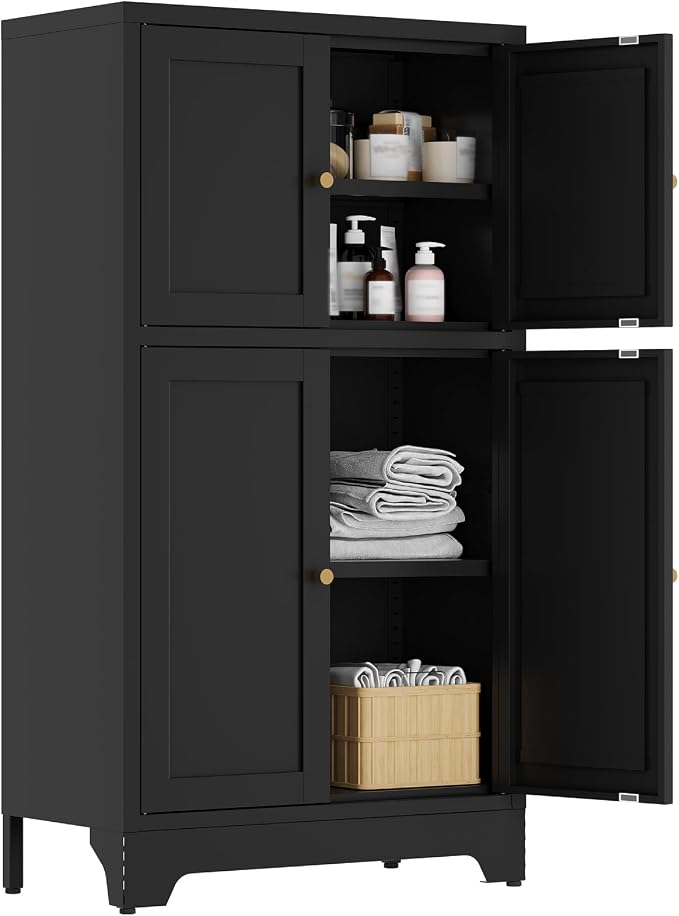 YAUWOH Bathroom Floor Cabinet, Metal Storage Cabinet with 2 Adjustable Shelves & 4 Doors,Freestanding Sideboard for Dining Room,Living Room, Home Office(1PC,Black)