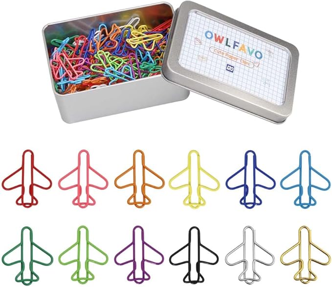 OWLFAVO 120pcs Airplane Shape Paper Clips with Storage Box, 12 Colors, Funny Cute Paperclips Bookmarks Planner Clips for Fun Office Supplies College Gifts Wedding Decoration