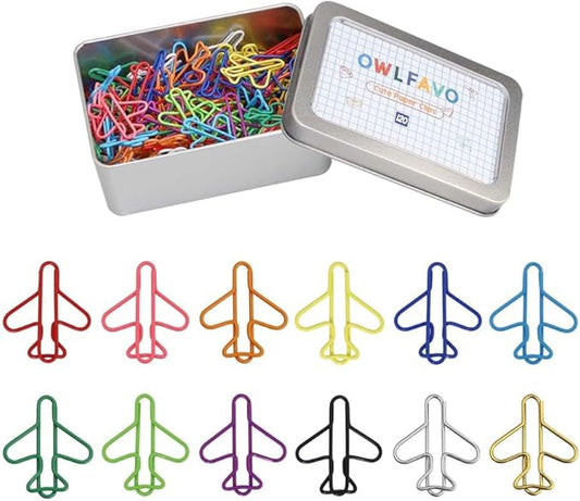 OWLFAVO 120pcs Airplane Shape Paper Clips with Storage Box, 12 Colors, Funny Cute Paperclips Bookmarks Planner Clips for Fun Office Supplies College Gifts Wedding Decoration
