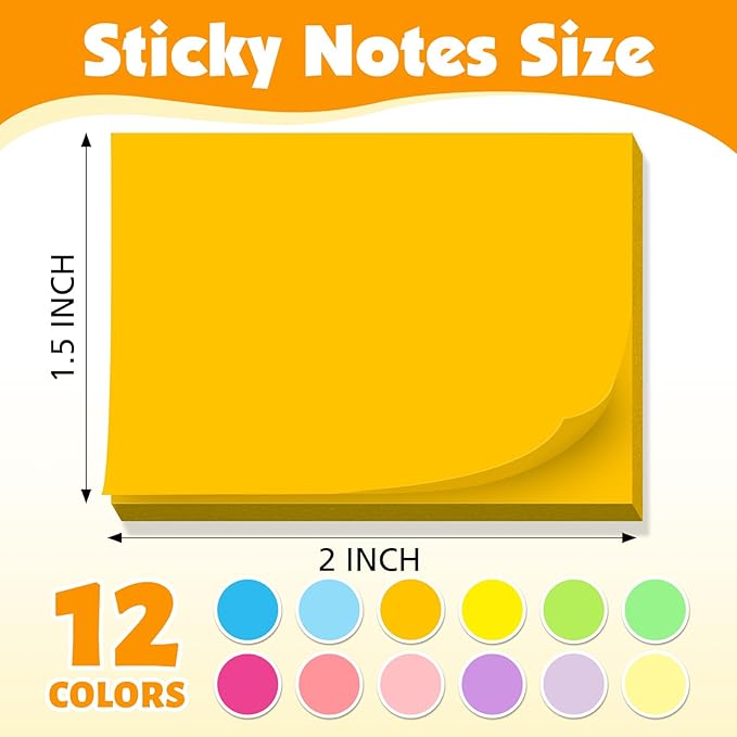 (60 Pack) Sticky Notes 1.5x2 Inches, 12 Bright Colors Self-Stick Note Pads Premium Mini Sticky Notes, Bulk Sticky Notes Pads for School, Office, Home