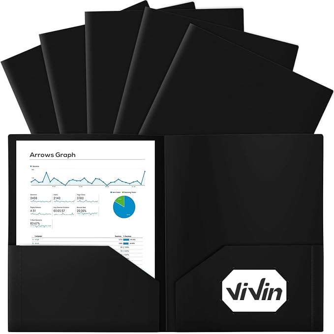 ViVin 12-Pack Black Plastic Folders with Pockets, Fits 8.5 x 11 Inch Letter Size Papers, Sturdy 2 Pocket Folders, Plastic Pocket Folders for Home School and Office
