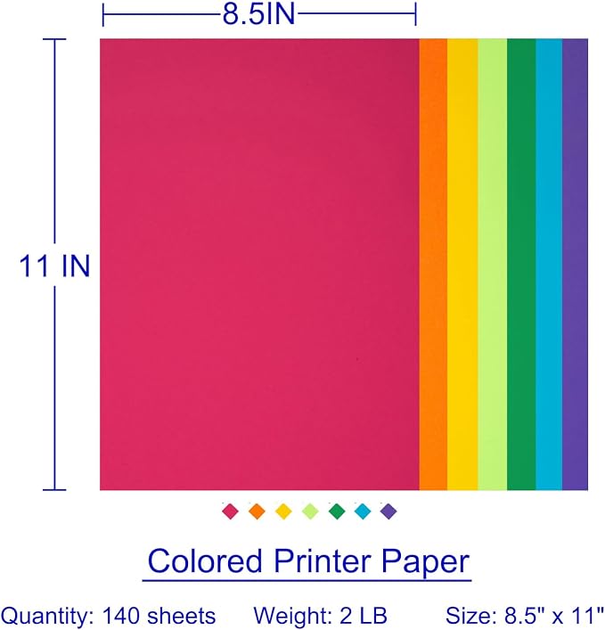 Colored Copy Paper 8.5X11 Inches,140 Sheets 24 lb/90GSM 7 Colors Rainbow Letter Size Printer Multipurpose Paper for Office School Education Daily Printing,Document Copying,Study
