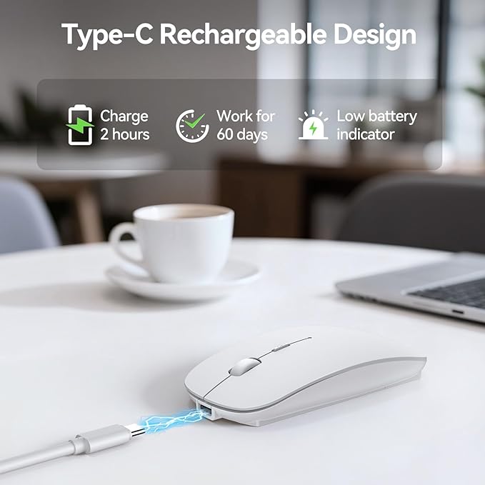 TECKNET Bluetooth Wireless Mouse, Rechargeable Silent Portable Computer Mouse, 6 Adjustable DPI, Dual Mode (Bluetooth 5.2/3.0 and 2.4G USB Receiver) for Laptop, iPad, MacBook, PC, Desktop, Android