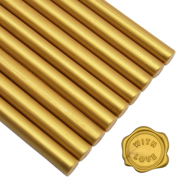 Brass Gold Glue Gun Sealing Wax Sticks - Pack of 12 - Making Wax Seals for Letter Thanks Card Envelope, Wedding or Event Party Invitation, Gift Wrapping | 0.4-inch diameter sticks, Use to make wax seals, Decor for wedding invitations, Envelope, Card, M...