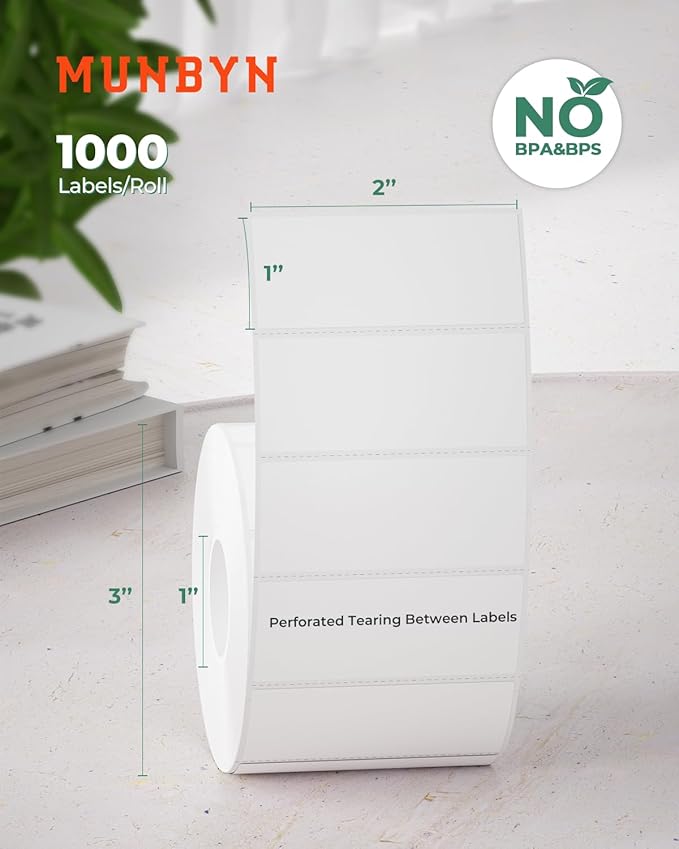 MUNBYN 2x1 Inch Thermal Sticker Labels, Address Barcode Self-Adhesive Label Paper for Direct Thermal Printer, Shipping Mailing Name Rectangle White Stickers, Case of 12 Rolls (12000 Sheets)