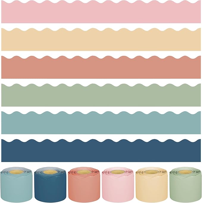 240Ft Boho Bulletin Board Borders Colorful Classroom Border Trim Boho Scalloped Borders Stickers Rolled Boho Bulletin Board Decorations for Classroom School Home Office Chalkboard Decor, 6 Rolls