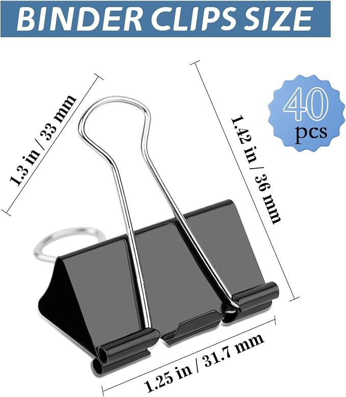 40 Pack Medium Binder Clips, 32mm 1-1/4 Inch Paper Binder Clips Clamps | Black Medium Clamps Office Supplies for Teachers Students School Office Business Paperwork Supplies