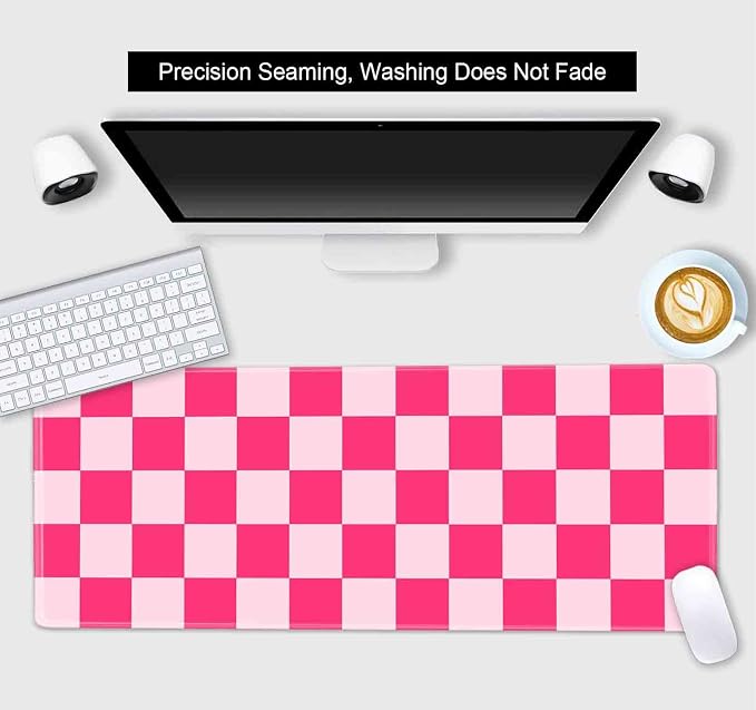 Hot Pink Cool Large Gaming Mouse Pad XL, Aesthetic Checkered Desk Pads, Computer Extended Mouse Pad Girly Women Design Kids Girls Teen Pretty Modern Decorative Art Office Mousepad for Laptop
