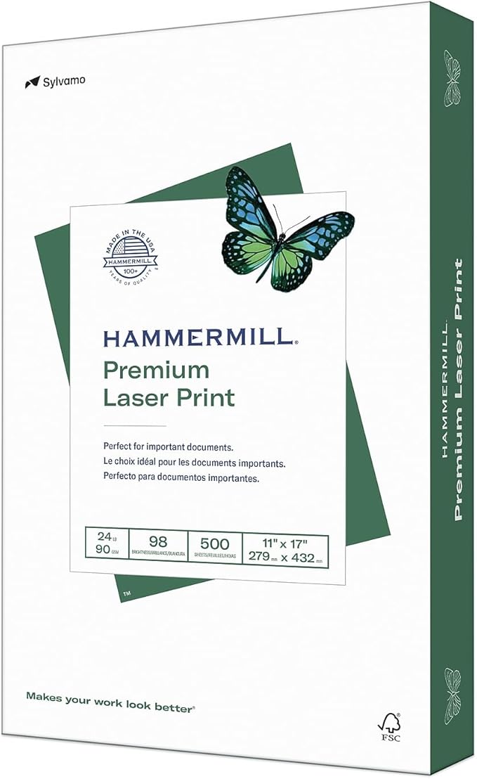 Hammermill Printer Paper, Premium Laser Print 24 lb, 11 x 17 - 98 Bright, Made in the USA -1 Ream (500 Sheets)