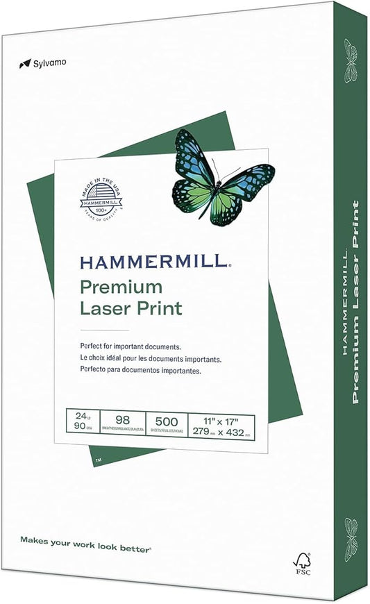 Hammermill Printer Paper, Premium Laser Print 24 lb, 11 x 17 - 98 Bright, Made in the USA -1 Ream (500 Sheets)