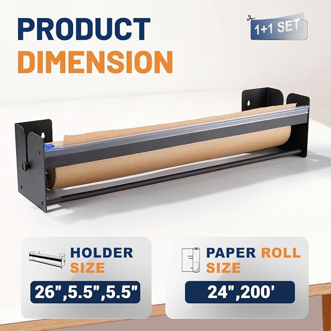 Perkhomy 24 Inch Paper Roll Dispenser and Cutter - Heavy-Duty Wall Mountable, Non Slip Tabletop - Kraft, Freezer, Butcher Paper - Up to 300ft Rolls (Black, 24 Inch)