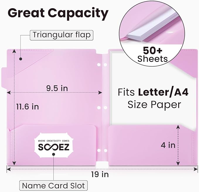 Sooez Plastic Folders with Pockets and Tabs, 6 Pack Pocket Folders with Writable Label Stickers, Fits 3-Ring Binder, Holds Letter/A4 Size Paper, Back to School Office Filing Supplies, Pastel Colors