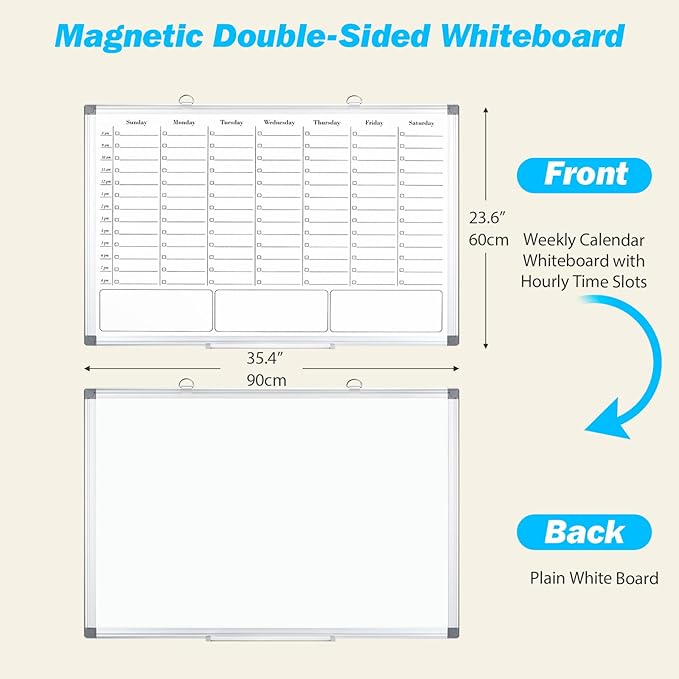 Weekly Calendar Dry Erase Board for Wall, Hanging 36"×24" Double-Sided Magnetic Whiteboard with Hourly Slots, for Planning, Memo, to Do List, Home, Office, Work