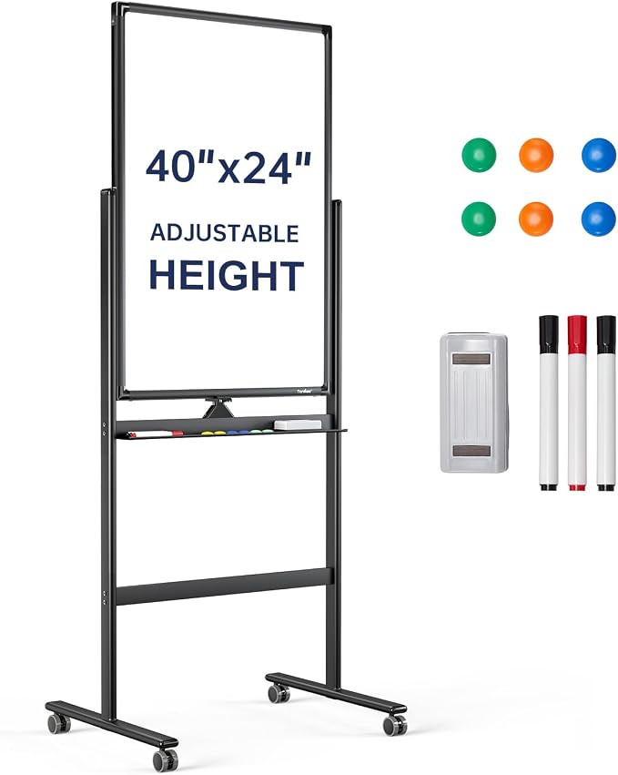 Rolling Whiteboard 40”x24” Standing White Board Dry Erase Board on Wheels | Height Adjustable, Magnetic Surface, Dry Erase, With Stand, Ideal for Classroom, Office, School, Home, Homeschooling, Teacher