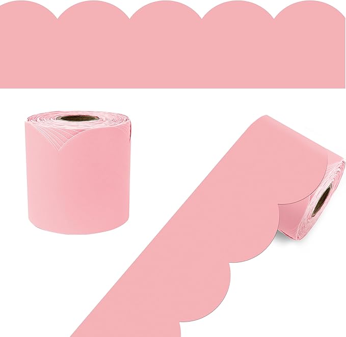 Carson Dellosa 65Ft of Dusty Rose Bulletin Board Borders, 1 Roll of Pink Scalloped Trim for Rolling Whiteboard, Cork and Posterboard, Party, Easter, Spring Decorations, and Classroom Decor
