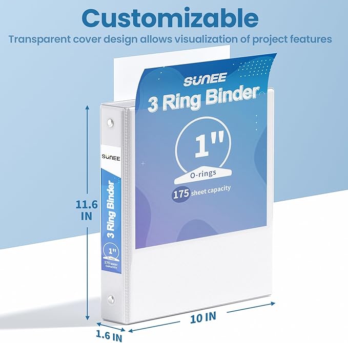 SUNEE 1 Inch Binders 3 Ring 8 Pack Bulk, PVC-Free Clear View 1" Binders (Fits 8.5x11 Inches) for School, Office & Home Use, White