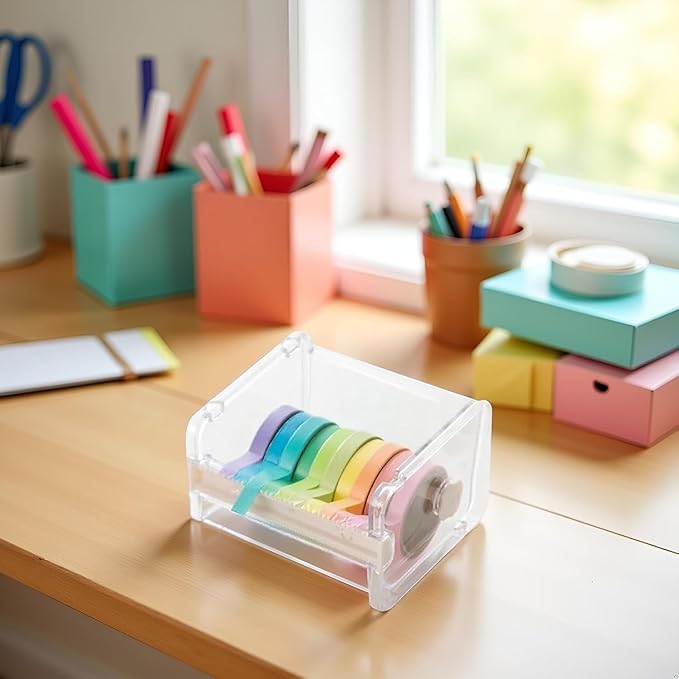 Transparent Visible Desktop Practical Washi Tape Dispenser, Packaging Tape Dispenser Cutter Roll Tape Holder Organizer, Tape Holder Tape Cutter, Sticker Roll Tape Cutter Holder(Not Include Tape)