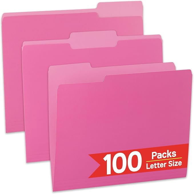 100 Packs Pink File Folder,1/3-Cut Tabs,Manilla File Folders Letter Size,8.5x11 Heavy Duty Paper File Folders for Office Filing,School Projects and Home,Organizer Documents