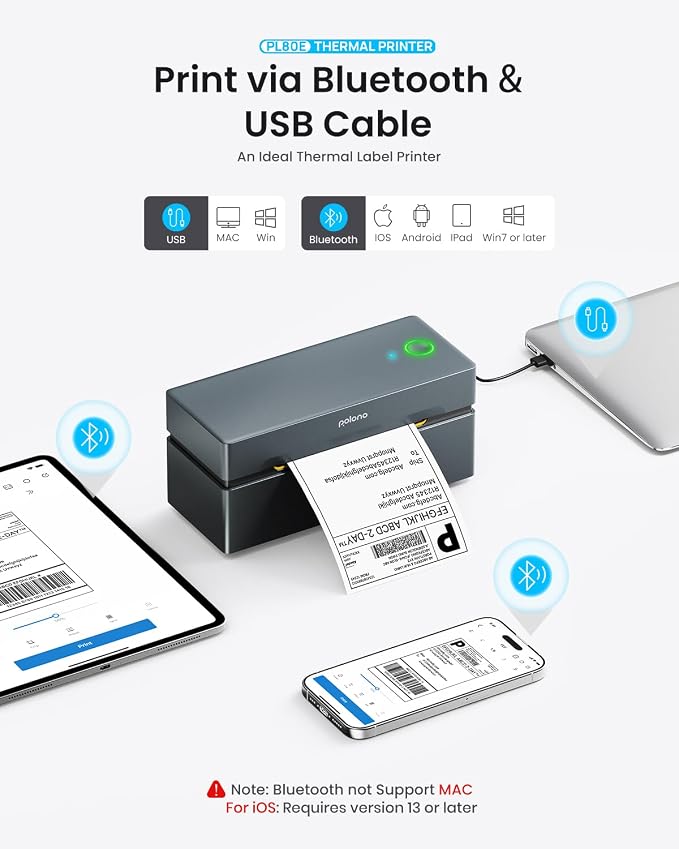 POLONO Bluetooth Thermal Shipping Label Printer, 4x6 Label Printer for Shipping | Good Quality, Faster Speed, High-Efficiency, Easy to Use, Wireless 4x6 Shipping Label Printer for Amazon, Etsy, USPS, Shopify