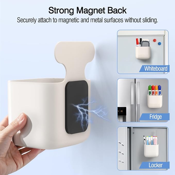 MoKo Magnetic Pen Holder, 2-Pack Whiteboard Organizer, White | Magnetic dry erase marker holder has a full magnetic back and sturdy ABS body; each measures 6.3 x 3.7 x 3.7 inches.