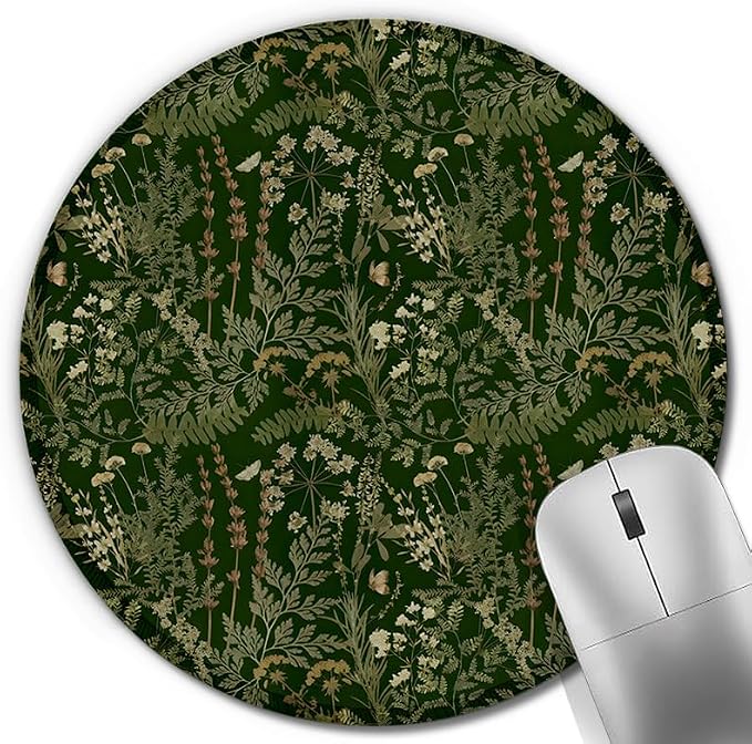 Dark Green Plant Round Mouse Pad, Vintage Rustic Botanical Fern Leaves Cottagecore Mousepad Mat for Home Office Computer Laptop Desk Accessories 7.9x7.9 in