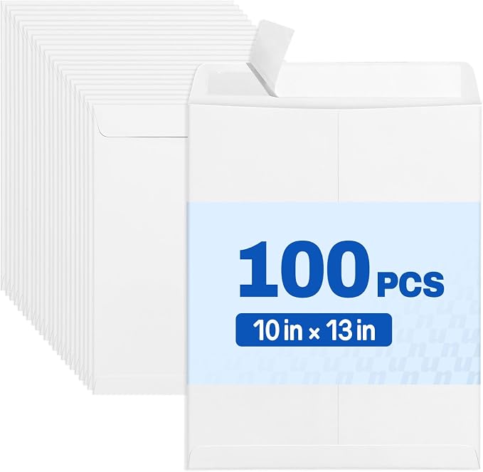 SUNEE 10 x 13 Self Seal Catalog Envelopes, 28lb White Security Mailing Envelopes, Ultra Strong Quick-Seal for Documents, Office & Business Use, 100 Pack
