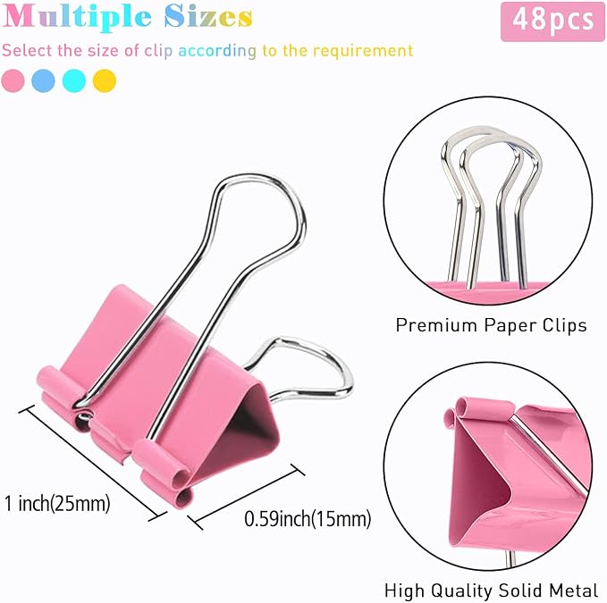 Binder Clips 1 Inch Colorful 48 PCS, Capacity 0.47 Inch, Binder Clips 25mm 1 Inch for Teacher School Office and Business