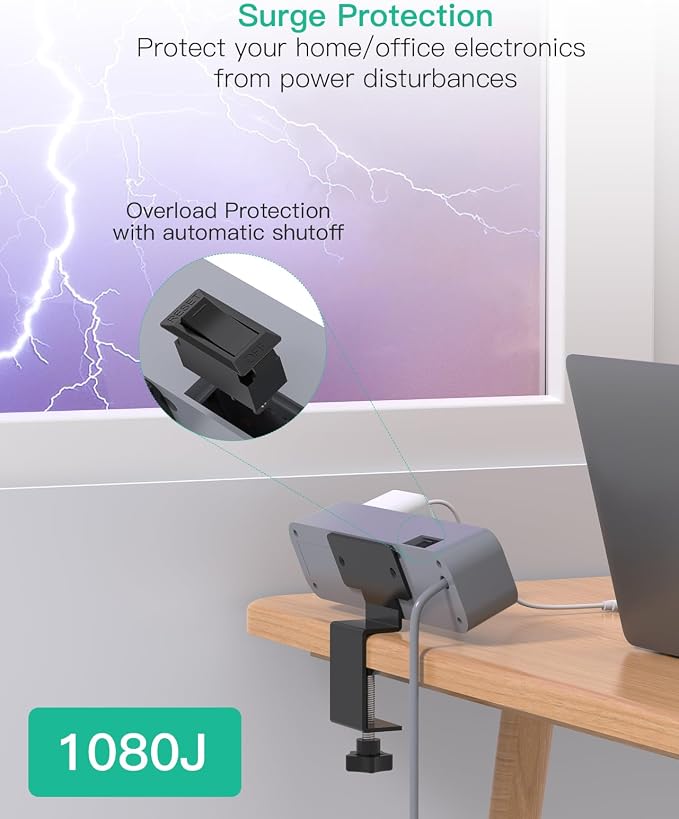 Mifaso PD30W Desk Clamp Power Strip, Surge Protector, Fast Charging Station | 4 Outlets, 4 USB (2 USBC), 5FT Extension Cord, Desk Organizer Gaming Accessories Home Office Essentials, Fits 1.96" Edge,Gray