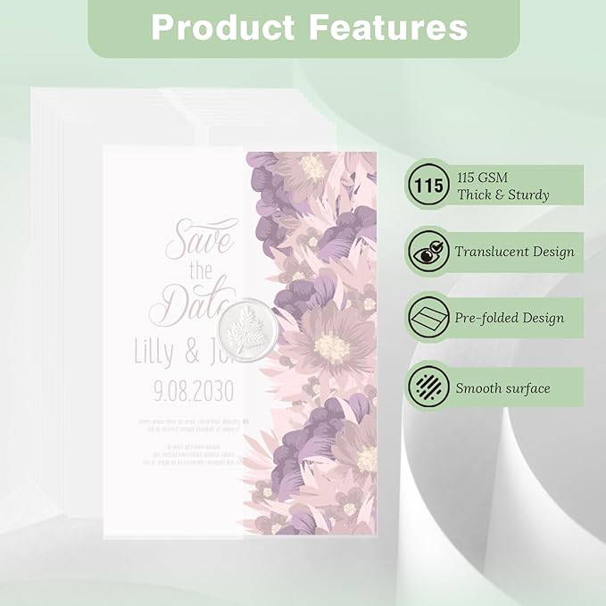 50 Pack Vellum Jackets for 5x7 Invitations Pre-Folded, 115 GSM Translucent Printable Vellum Paper 5x7, Vellum Wraps for Wedding Invitations sleeves, Birthday Greeting Cards, DIY Crafts