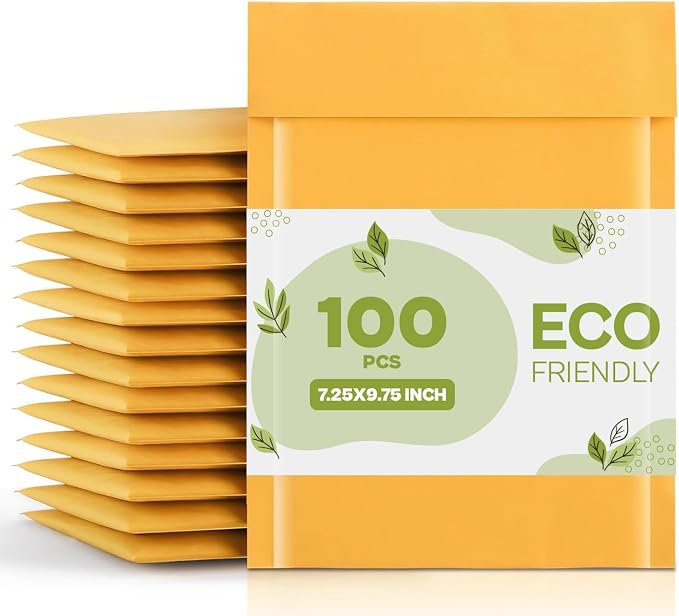 PSBM #DVD 100 PCS 7.25 x 9.75 Inch Kraft Bubble Mailers, Yellow Padded Envelopes, Self-Sealing Peel-Off Strip, Ideal for Shipping CD, DVD, Jewelry, Photos, Magazine, Books, Clothes and More