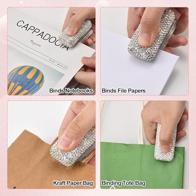 Bling Rhinestone Stapler, Sparkly Diamond Staplers, Cute Desk Stapler for Women & Girls, Bling Crystal Machine Pretty Office Stationery Kit (Clear with AB Color Plated, Small)