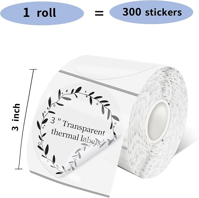3 Inch Transparent Round Thermal Label, Self-Adhesive Clear Waterproof Circle Sticker for Logo Design, Multipurpose Direct Thermal Labels, 300 Sheets/1 Roll